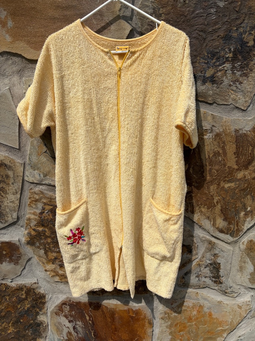 Vintage Down Under Terry Cloth Full Zip Embroidered Robe M Butter Yellow Summer